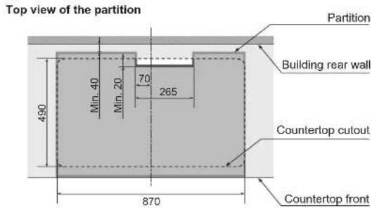 Top view of the partition Partition Building rear wall 490 Min. 40 Min. 20 70 265 Countertop cutout 870 Countertop front