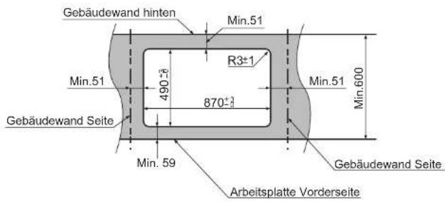 Gebäudewand hinten Min.51 R3±1 Min.51 490±8 870±3 Min.51 Min.600 Gebäudewand Seite Min. 59 Gebäudewand Seite Arbeitsplatte Vorderseite