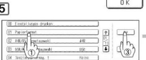 00 Einstellungen drucken 01 PapierfFormat 02 A4R/85, pratauswahl 44R 03 B5R/85, trauswahl 65R 04 Sezülförse, lang. 1 Keine