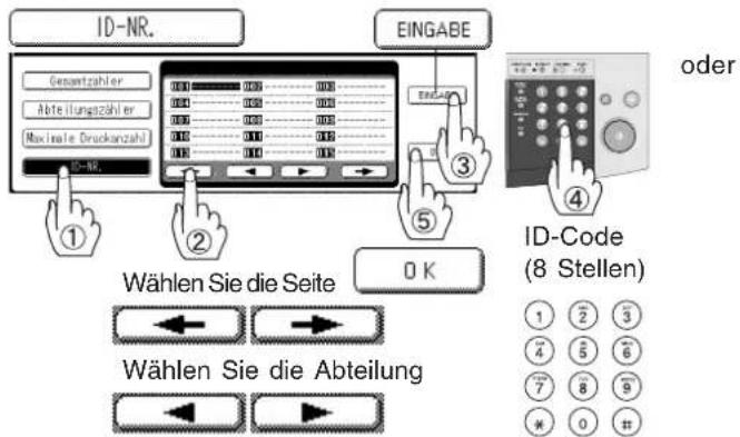 ID-NR. EINGABE Gesamtzahler Abteilungszahler Maximale Druckanzahl ID-NR. Wählen Sie die Seite OK Wählen Sie die Abteilung oder ID-Code (8 Stellen) 1 2 3 4 5 6 7 8 9 * 0 #