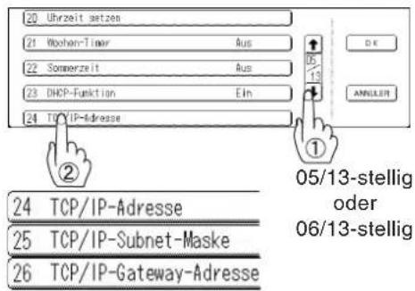 20 Uhrzeit setzen 21 Wochen-Timer Aus 22 Sommerzeit Aus 23 DHCP-Funktion Ein 24 TCP/IP-Adresse ① 05/13-stellig oder 06/13-stellig 24 TCP/IP-Adresse 25 TCP/IP-Subnet-Maske 26 TCP/IP-Gateway-Adresse