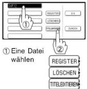 Saf 12 ① REGISTER LÖSCHEN TITLEDITEREN 0 K ZURUCK ② Eine Datei wählen REGISTER LÖSCHEN TITLEDITEREN