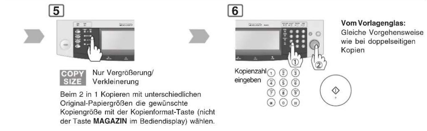 5 COPY SIZE Nur Vergrößerung/ Verkleinerung Beim 2 in 1 Kopieren mit unterschiedlichen Original-Papiergrößen die gewünschte Kopiengröße mit der Kopienformat-Taste (nicht der Taste MAGAZIN im Bediendisplay) wählen. 6 Vom Vorlagenglas: Gleiche Vorgehensweise wie bei doppelseitigen Kopien ① ② ③ ④ ⑤ ⑥ ⑦ ⑧ ⑨ * 0 #