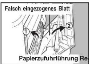 Falsch eingezogenes Blatt ① ② Papierzufuhrführung Re