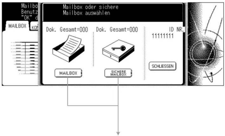Mailbox Benutz "OK" d MAILBOX KOF Mailbox oder sichere Mailbox auswählen Dok. Gesamt=000 Dok. Gesamt=000 ID NR. 11111111 SCHLIESSEN MAILBOX SICHERE MAILBOX