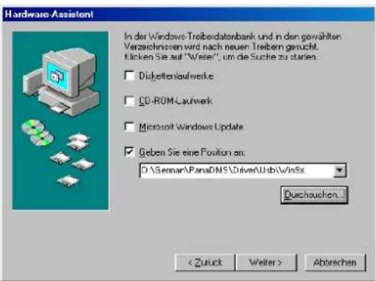 Hardware Assistant In der Windows-Treibordatenbank und in den gewählten Verzeichnen wird nach neuen Treibern gesucht. Klicken Sie auf "Weiler", um die Suche zu starten. Diskoltenlaufwerte CD-ROM-Laufwerk Microsoft Windows Update Geben Sie eine Position an: D:\Semar\PanaDNS\Driver\Ubs\Win5x Durchouchen... Abbrachen