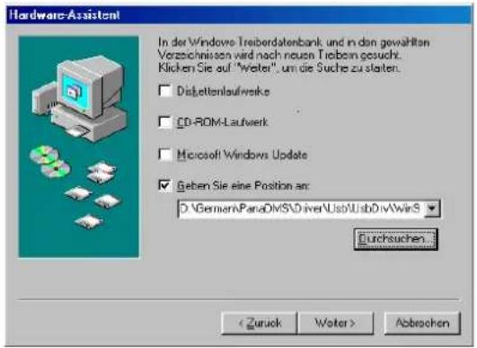 Hardware Assistant In der Windows Treiberdatenbank und in den gewählten Verzeichnien wird nach neuen Trebon gesucht. Klicken Sie auf "Water", um die Suche zu slaten. □ Dislettenlaufweks □ CD-ROM-Laufwerk □ Microsoft Windows Update ☑ Geben Sie eine Position an: D:\Bermann\ParaDiv\S\Driver\List\usbDiv\WinS Durchsuchen < Zurück Water > Abbrachen