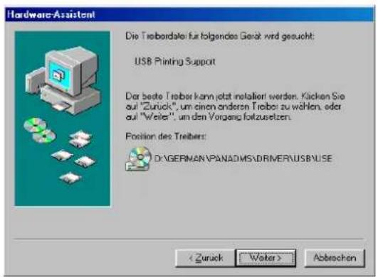 Hardware Assistant Die Treiberdale für folgendes Gerät wird gesucht: USB Printing Support Dar beste Treiber kann jetzt installiert werden. Klicken Sie auf "Zurück", um einen anderen Treiber zu wählen, oder auf "Weile", um den Vorgeng fortzusetzen. Position des Treibers: D:\GERMAN\PANADMS\DRIMER\USB\USE < Zurück Water > Abbrechen