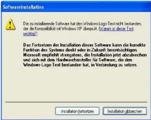 Softwareinstallation Die zu installierende Software hat den Windows-Logo-Test nicht bestanden, der die Kompatibilität mit Windows XP überprüft. (Warum ist dieser Test wichtig?) Das Fortsetzen der Installation dieser Software kann die korrekte Funktion des Systems direkt oder in Zukunft beeinträchtigen. Microsoft empfiehlt strengstens, die Installation jetzt abzubiechen und sich mit dem Hardwarehersteller für Software, die den Windows-Logo-Test bestanden hat, in Verbindung zu setzen. Installation fortsetzen Installation abwechen