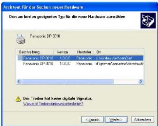 Assistent für das Suchen neuer Hardware Den am besten geeigneten Typ für die neue Hardware auswählen Panasonic DP-3010 Beschreibung Version Hosteller On Panasonic DP-3010 1.0.0.0 Panasonic d:\windows\homeCini\ Panasonic DP-3010 1.0.0.0 Panasonic d:\genzen\panadina\diverhub\ Der Treiber hat keine digitale Signatur. Warum ist Treibersignierung fortierlich? Abbrevien
