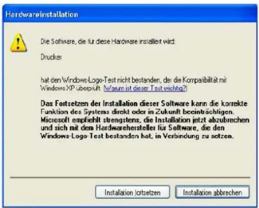 Hardwareinstallation Die Software, die für diese Hardware installiert wird: Drucker hat den Windows-Logo-Test nicht bestander, der die Kompaibilität mit Windows XP überprüft //sum ist dieser Test wichtig? Das Fortsetzen der Installation dieser Software kann die korrekte Funktion des Systems direkt oder in Zukunft beeinträchtigen. Microsoft empfiehlt strengstens, die Installation jetzt abzubrechen und sich mit dem Hardwarehersteller für Software, die den Windows-Logo-Test bestanden hat, in Verbindung zu setzen. Installation ortsetzen Installation abbrechen