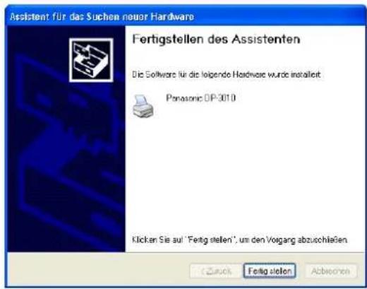 Assistent für das Suchen neuer Hardware Fertigstellen des Assistenten Die Software für die folgende Hardware wurde installiert Panasonic OP-3010 Klicken Sie auf "Fertig stellen", um den Vorgang abzuschließen Zurich Fertig stellen Abbrevien