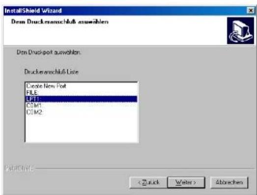 InstallShield Wizard Dien Druckenschluß auswählen Den Druckport auswählen: Druckerschluß Liste Create New Port FILE LFT1 COM1 COM2 OK/Show Abbrechen
