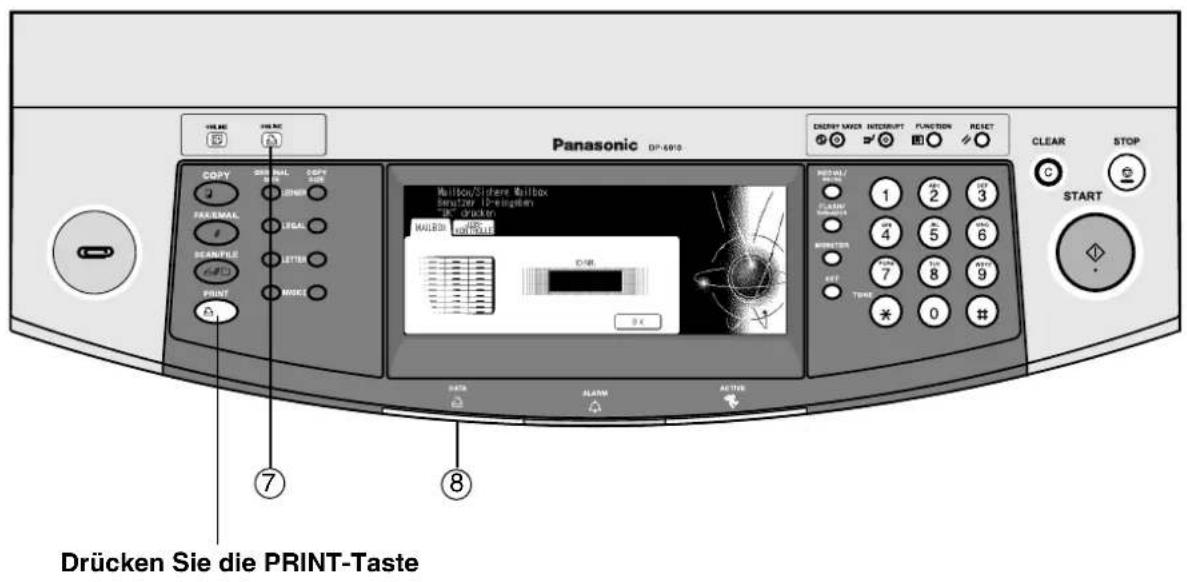 Drücken Sie die PRINT-Taste 7 8 Panasonic DP-6019 COPY SIN RAIL STOP R. 2000 FAR/SMAL ITAL SAMPLE SETTS PRINT MORE Multiplex/Sistere Multiplex Servizierr 10-eigenzern DR. drucker MALES MINIAMS CNR 34 ENERGY MACH INTERRUPT FUNCTION RESET 1 2 3 CLEAR TOMATO 4 5 6 MINTUER REF TIME 7 8 9 * 0 # CLEAR STOP START