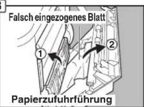 Falsch eingezogenes Blatt ① ② Papierzufuhrführung
