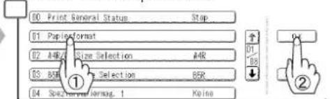 00 Print General Status Stop 01 PaperFormat 02 AFR Size Selection AFR 03 BFR Select Selection BFR 04 S#### Normag. 1 Keine