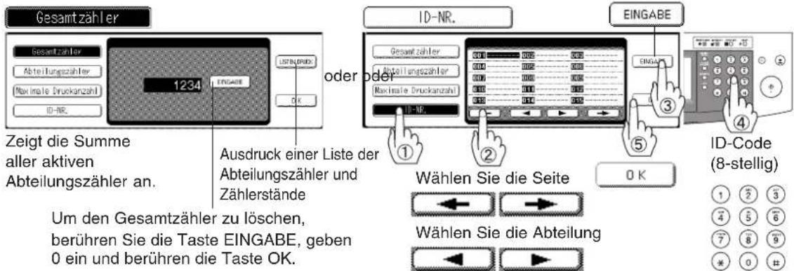 Gesamtzähler Gesamtzähler Abteilungszähler Maximale Druckanzahl ID-NR. 1234 ENGABE LISTIN/DRK OK oder oder Zeigt die Summe aller aktiven Abteilungszähler an. Ausdruck einer Liste der Abteilungszähler und Zählerstände Um den Gesamtzähler zu löschen, berühren Sie die Taste EINGABE, geben 0 ein und berühren die Taste OK. ID-NR. EINGABE ① Wählen Sie die Seite OK ID-Code (8-stellig) ② Wählen Sie die Abteilung
