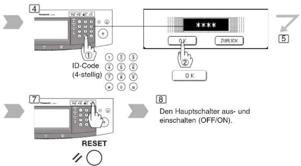 4 Panasonic 100 ID-Code (4-stellig) ① ② ③ ④ ⑤ ⑥ ⑦ ⑧ ⑨ * 0 # ② OK ZURUCK 5 7 Panasonic 100 RESET 8 Den Hauptschalter aus- und einschalten (OFF/ON).