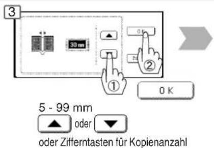 3 4# 30 mm ① 0 K 5 - 99 mm oder Zifferntasten für Kopienanzahl