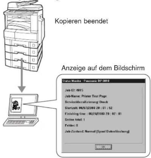 Kopieren beendet Anzeige auf dem Bildschirm Status Monitor - Panasonic DP-2010 Job-10: 2015 Job-Name: Printer Test Page Serviceklassifizierung: Druck Startzeit: 06/57/2003 20 : 01 : 52 Finishing time : 06/28/2003 20 : 02 : 01 Seiten total: 1 Fehler: 0 Job-Zustand: Normal [Spool Datenlöschung] OK