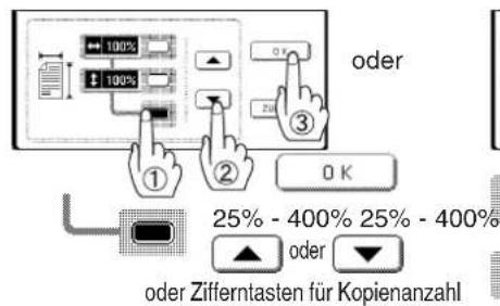 oder ① ② 0 K 25% - 400% 25% - 400% oder Zifferntasten für Kopienanzahl