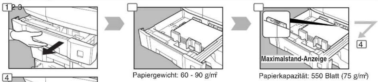 1 2 3 Papiergewicht: 60 - 90 g/m² Maximalstand-Anzeige 4 Papierkapazität: 550 Blatt (75 g/m²)