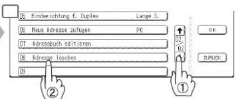 05 Binderrichtung f. Duplex Lange S. 06 Neue Adresse zufügen PC 07 Adressbuch editieren 08 Adresse loschen 09 ② 02 02 OK ZUPUDK