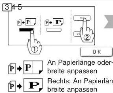3 4-5 P → P ① P → P ② 0 K P → P An Papierlänge oder- breite anpassen Rechts: An Papierlän- breite anpassen
