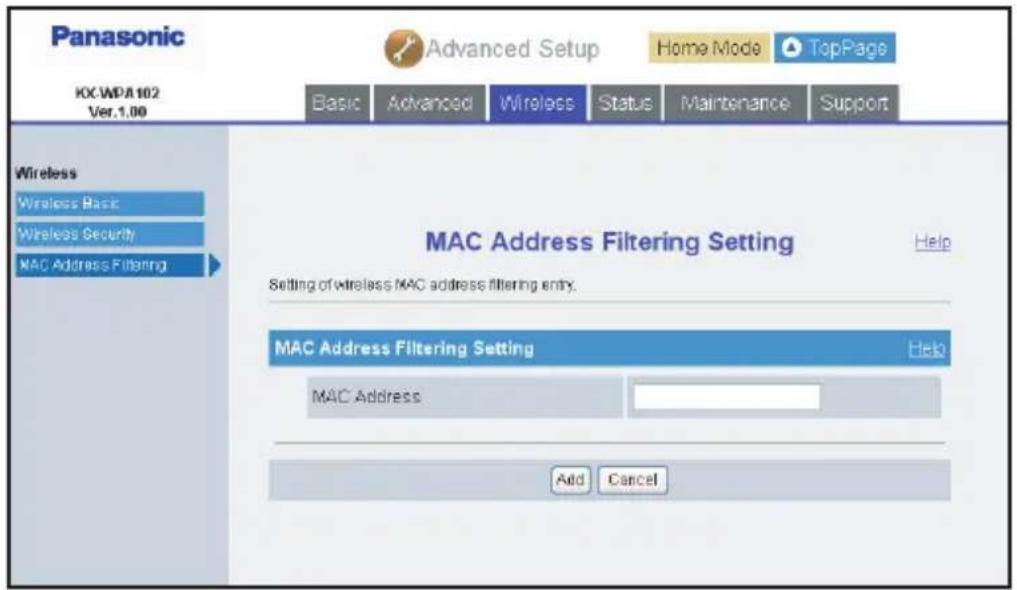 PANASONIC KX-WP1050 - To configure MAC address filtering entry: - 2