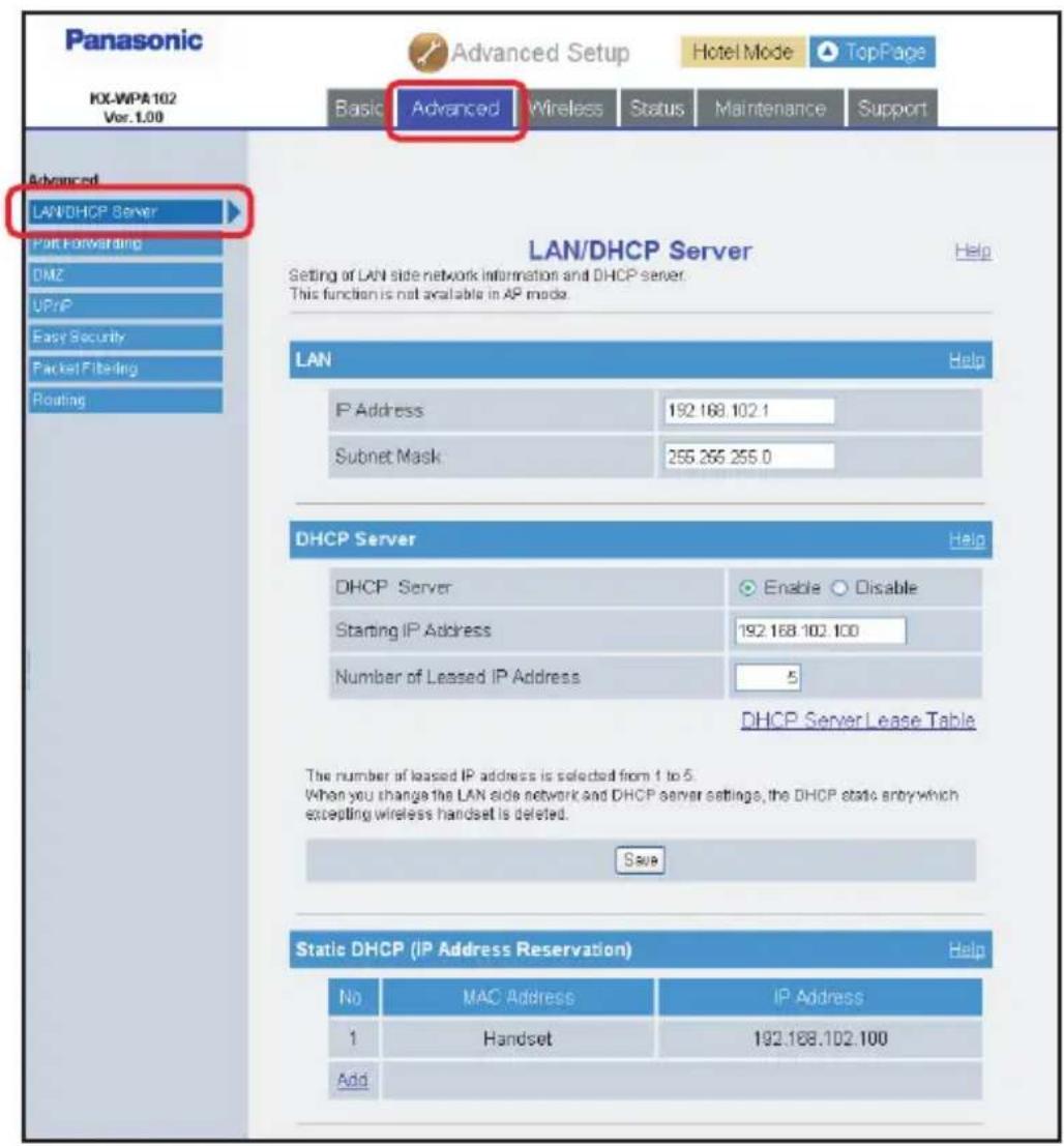 PANASONIC KX-WP1050 - LAN/DHCP Server: - 1