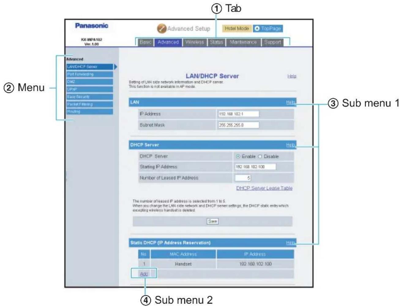 PANASONIC KX-WP1050 - Click [Advanced Setup] on the Top Menu. - 1