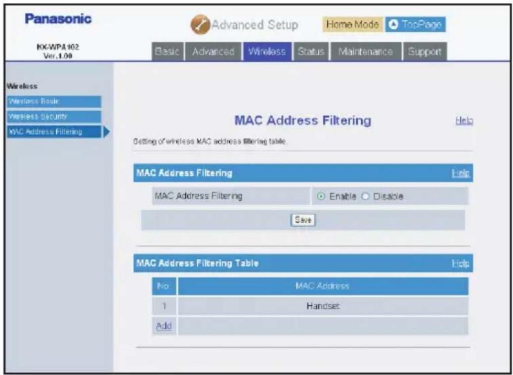 PANASONIC KX-WP1050 - To configure MAC address filtering entry: - 1