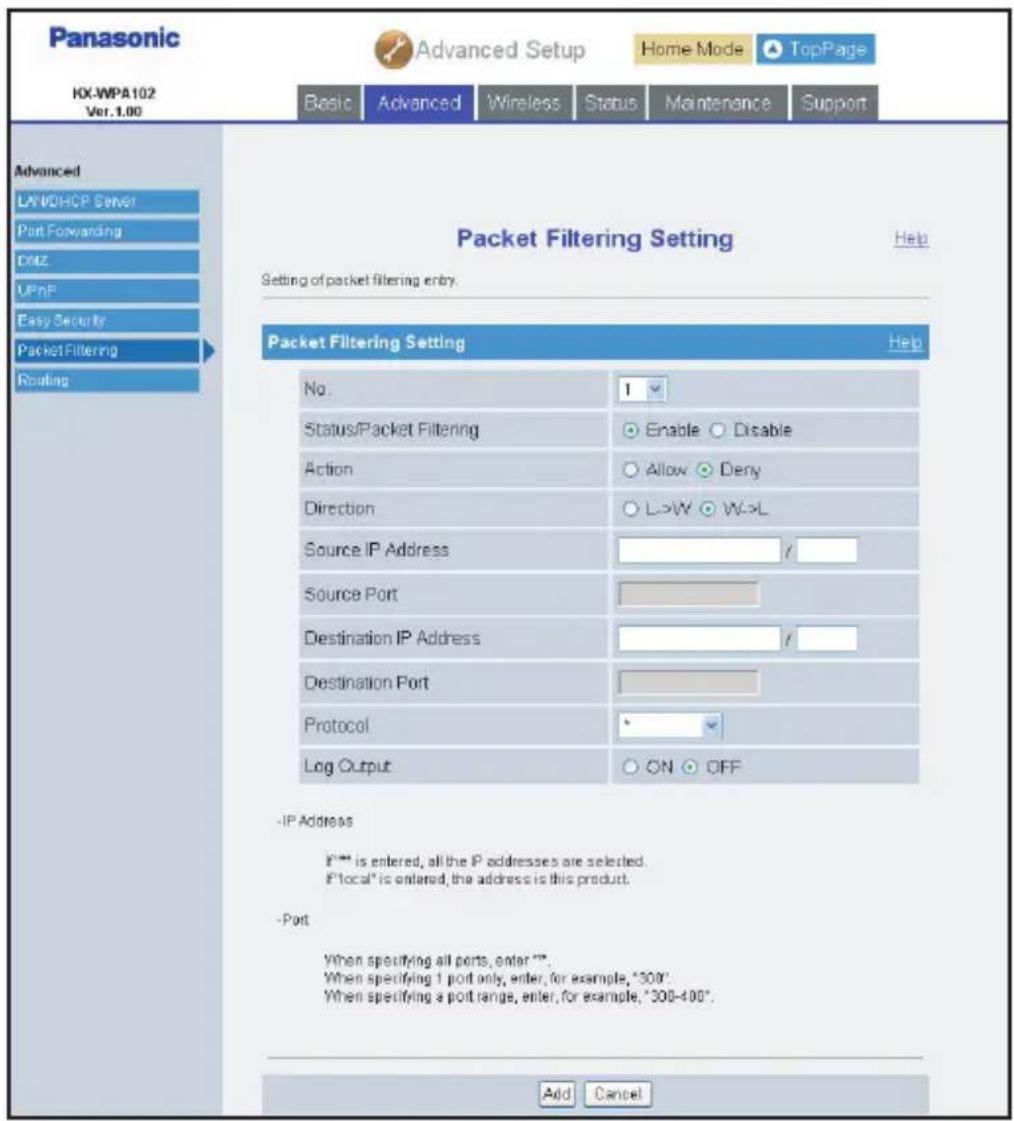 PANASONIC KX-WP1050 - To add a new entry, click [Add] under the Packet Filtering Table heading. - 1