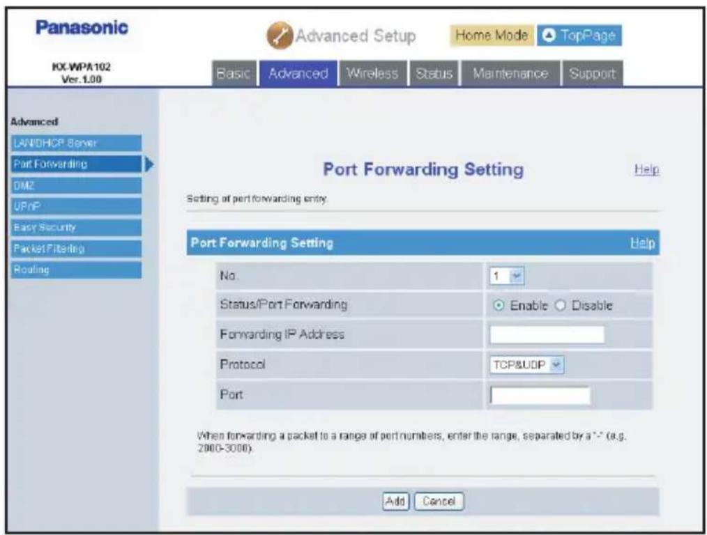 PANASONIC KX-WP1050 - To add a new entry, click [Add] under the Port Forwarding Table heading. - 1