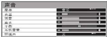 声音 菜单 音乐 音量 + 低音 + 高音 + 平衡 + 耳机音量 + 环绕声 关