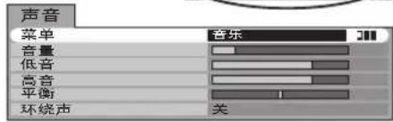 声音 菜单 音乐 音量 低音 高音 平衡 环绕声 关