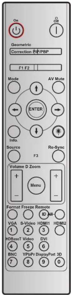 On Off Geometric Correction PIP/PBP F1 F2 Mode AV Mute ENTER Info. Source Re-Sync F3 Volume D Zoom + - Menu + - Format Freeze Remote ID AH- VGA S-Video HDMI1 HDMI2 1 2 3 HDBaseT Video DVI 4 5 6 BNC YPbPr DisplayPort 3D 7 8 9 0