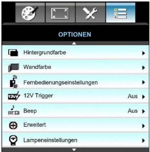 OPTIONEN Hintergrundfarbe Wandfarbe Fernbedienungseinstellungen 12V Trigger Aus Beep Aus Erweitert Lampeneinstellungen
