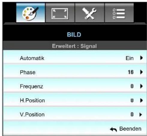 BILD Erweitert : Signal Automatik Ein ► Phase 16 ► Frequenz 0 ► H.Position 0 ► V.Position 0 ► ← Beenden