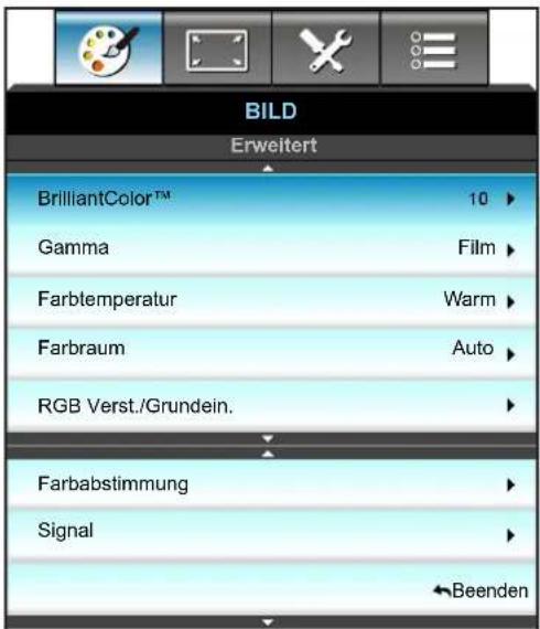 BILD Erweitert BrilliantColor™ 10 ► Gamma Film ► Farbtemperatur Warm ► Farbraum Auto ► RGB Verst./Grundein. ► Farbabstimmung ► Signal ► ←Beenden