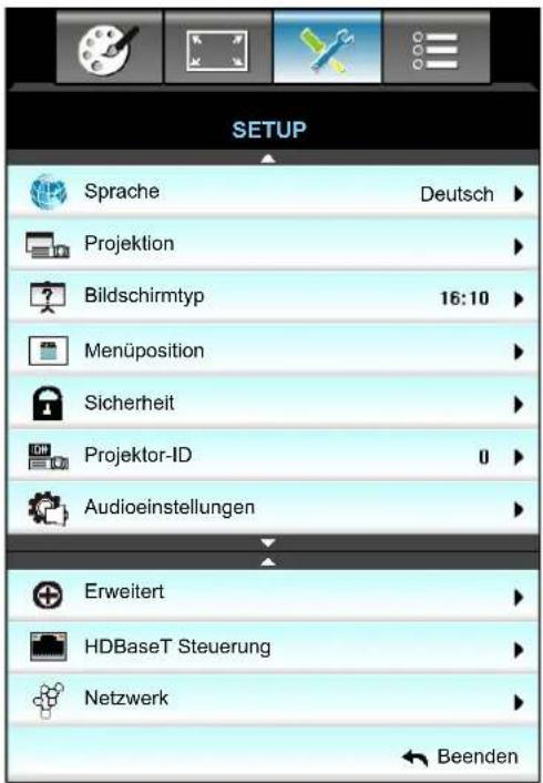 SETUP Sprache Deutsch Projektion Bildschirmtyp 16:10 Menüposition Sicherheit Projektor-ID 0 Audioeinstellungen Erweitert HDBaseT Steuerung Netzwerk Beenden