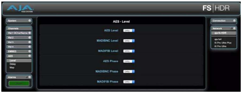 AJA FS-HDR - AES/MADI Level Screen - 1