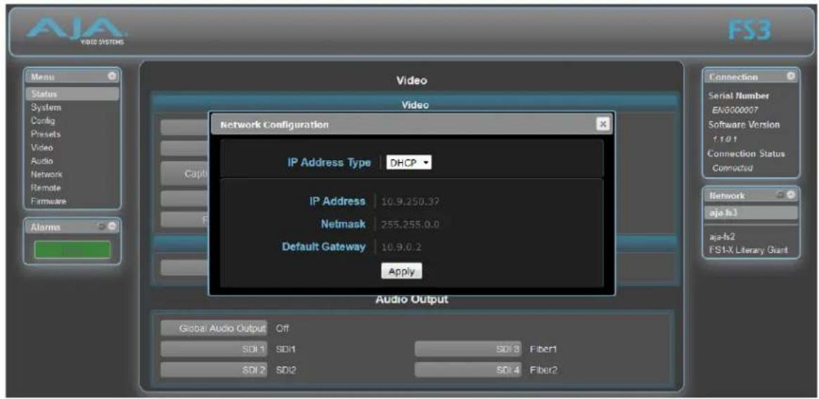 AJA FS3 - Network Pane and Network Configuration Screen - 1