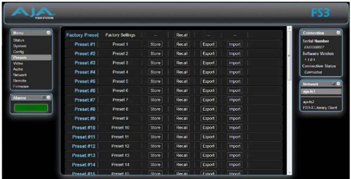 AJA FS3 - Presets Screen - 1