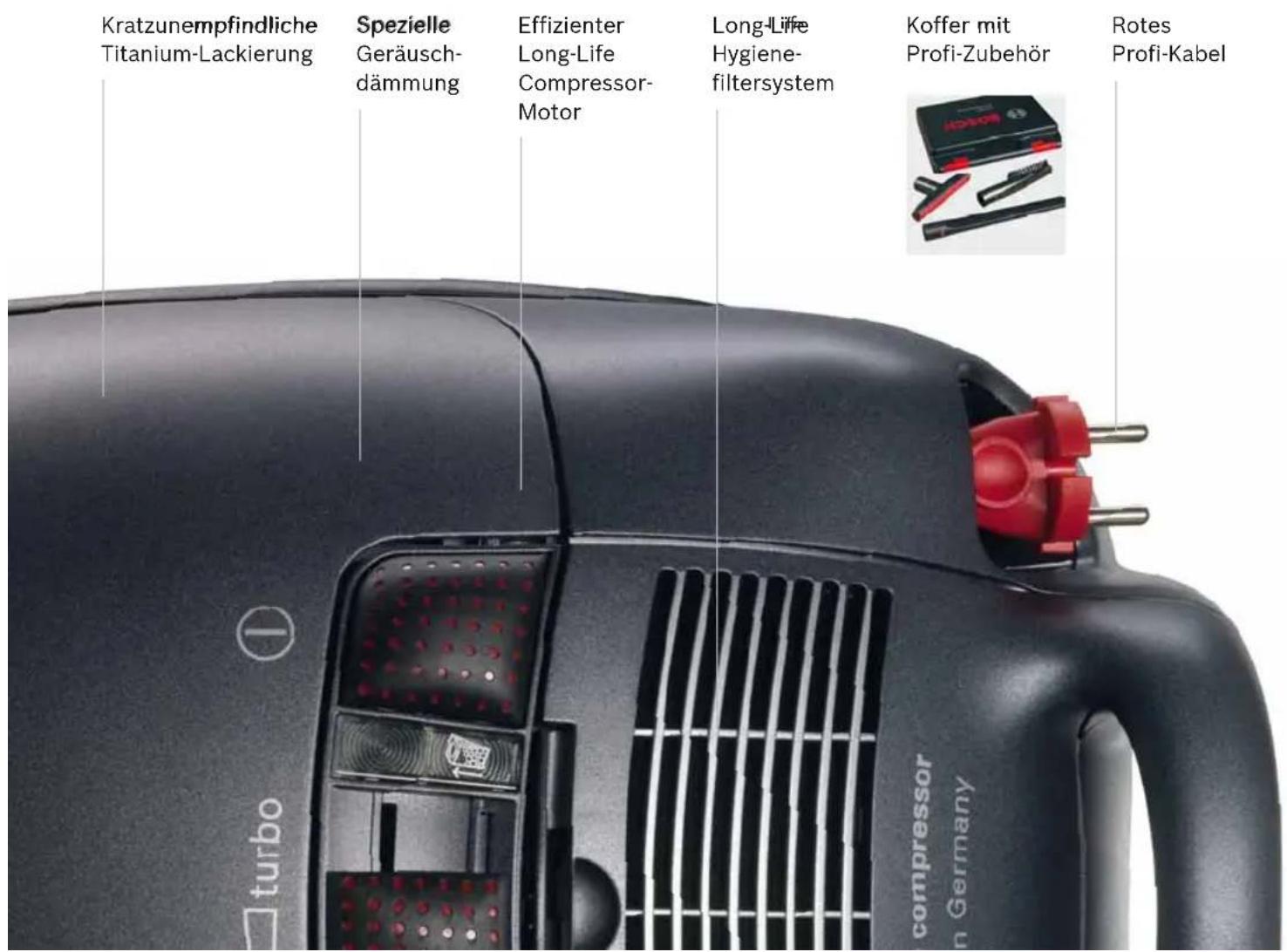 Kratzunempfindliche Titanium-Lackierung Spezielle Geräusch- dämmung Effizienter Long-Life Compressor- Motor Long-Life Hygiene- filtersystem Koffer mit Profi-Zubehör Rotes Profi-Kabel turbo compressor in Germany