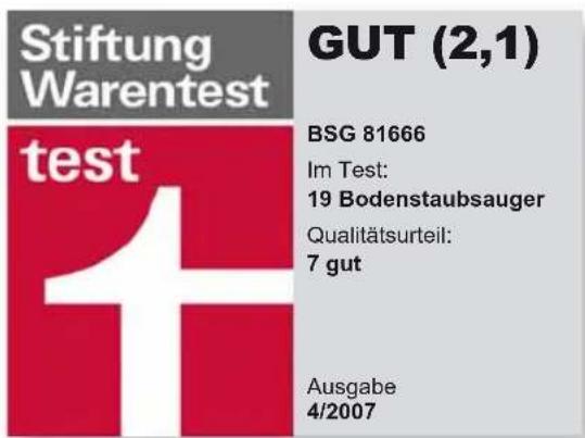 Stiftung Warentest test GUT (2,1) BSG 81666 Im Test: 19 Bodenstaubsauger Qualitätsurteil: 7 gut Ausgabe 4/2007