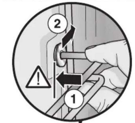 Diagram showing a hand holding a tool with warning symbols and numbered parts, likely illustrating safety or repair instructions.