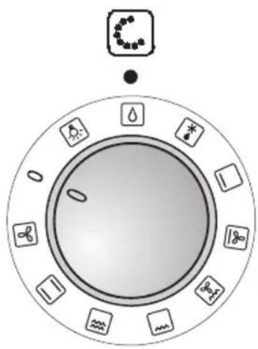 Diagram of a circular device with labeled icons and symbols, including a butterfly icon and a circular symbol with a crescent.