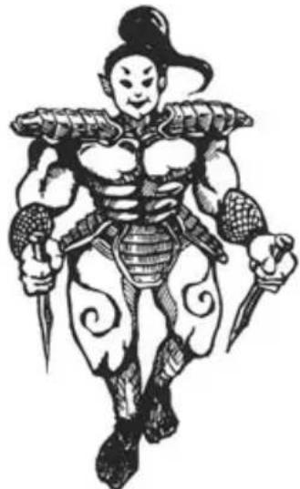 Illustration of a muscular warrior figure with sword and armor, holding two swords (no text or symbols)