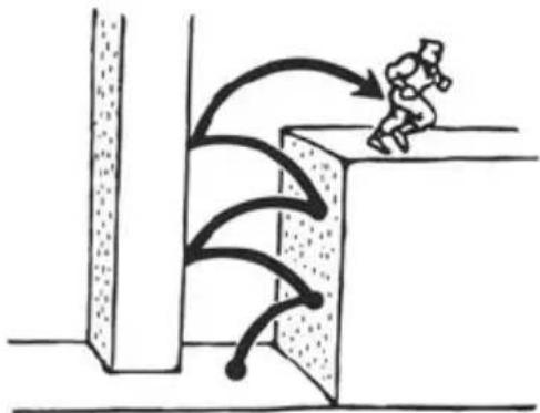 Simple line drawing of a person climbing a wall with curved arrows indicating motion (no text or symbols)